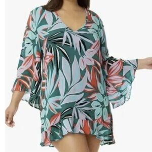 Anne Cole Swim Coverup M/L V-Neck Bell Sleeve Tropical Print